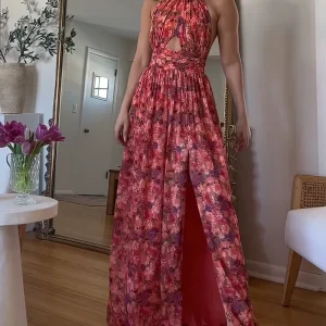 Blommig maxiklänning för kvinnor, öppen rygg, sommar casual