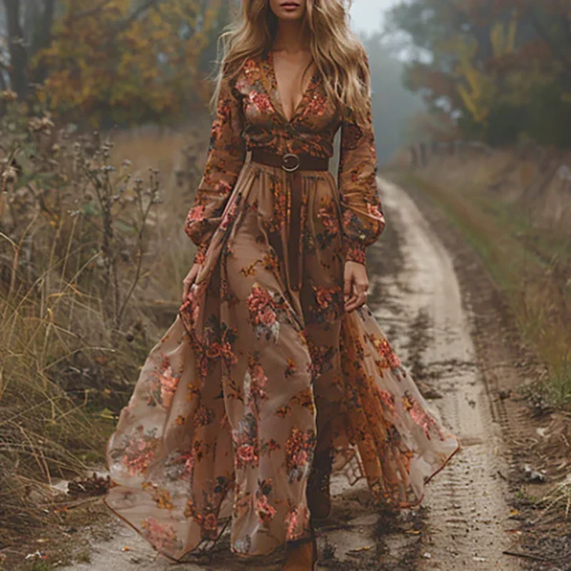 Boho maxiklänning med broderi och långa ärmar för kvinnor - Bild 7