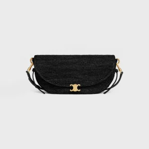 Liten halvmåneformad Soft Triomphe i raffia och lammskinn
